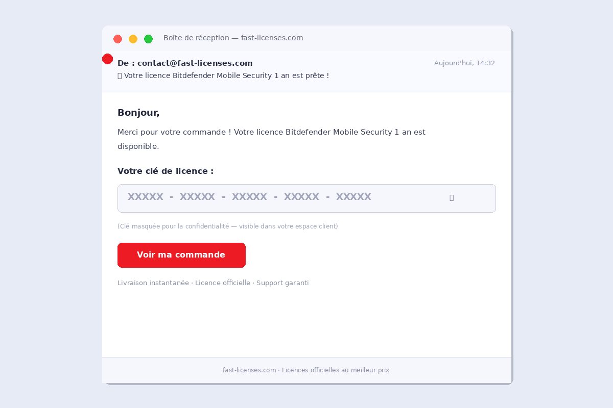 Email de livraison de licence Bitdefender Mobile Security 1 an — Réception de clé instantanée