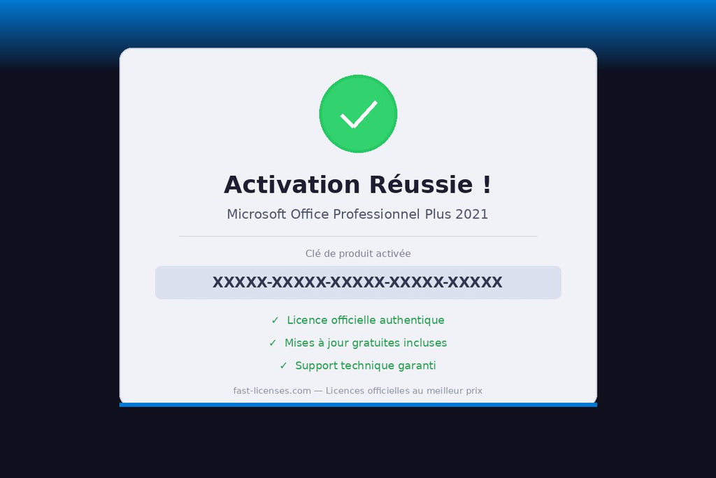 Activation réussie Microsoft Office Professionnel Plus 2021 — Licence officielle fast-licenses.com