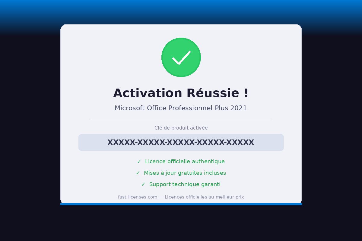 Activation réussie Microsoft Office Professionnel Plus 2021 — Licence officielle fast-licenses.com