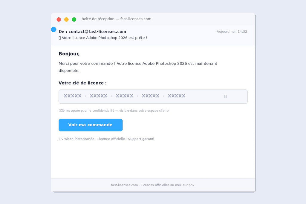 Email de livraison de licence Adobe Photoshop 2026 — Réception de clé instantanée