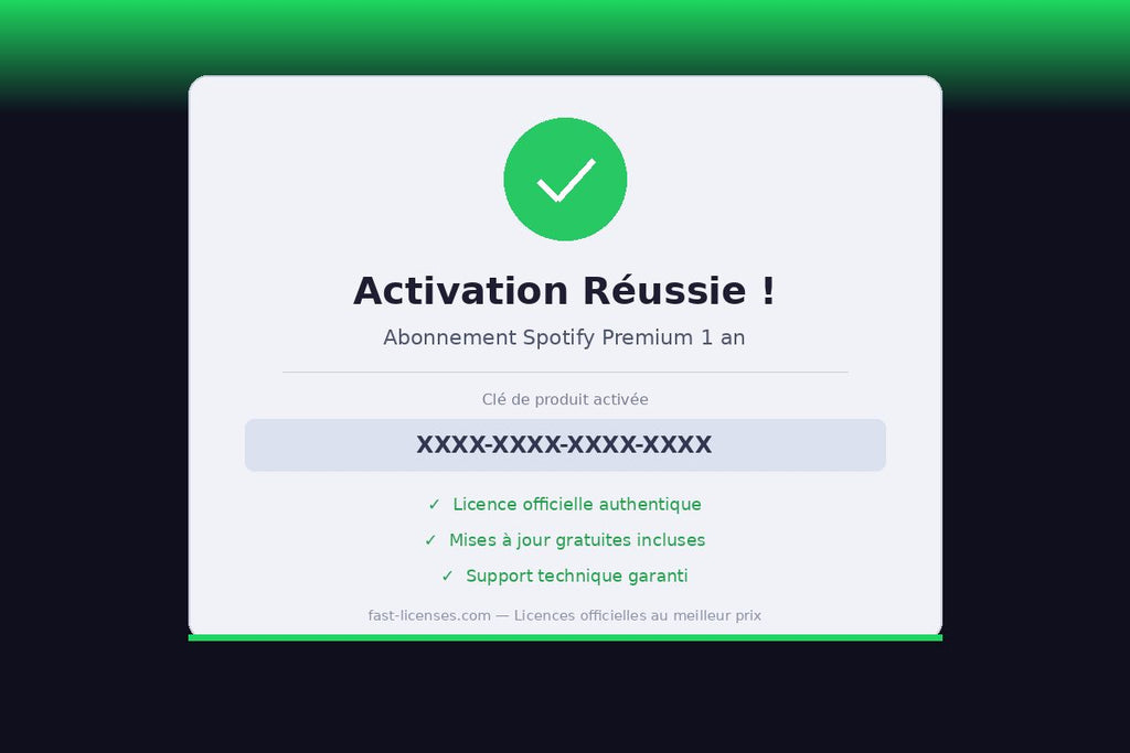 Activation réussie Abonnement Spotify Premium 1 an — Licence officielle fast-licenses.com