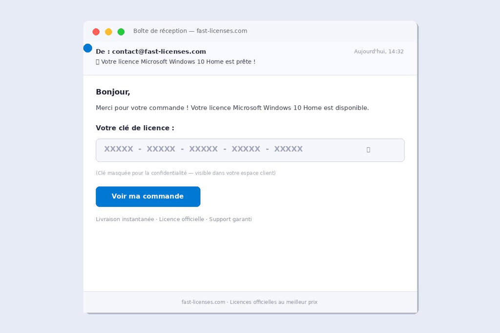Email de livraison de licence Microsoft Windows 10 Home — Réception de clé instantanée
