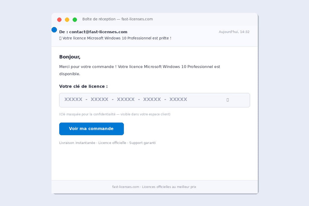 Email de livraison de licence Microsoft Windows 10 Professionnel — Réception de clé instantanée