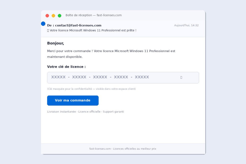 Email de livraison de licence Microsoft Windows 11 Professionnel — Réception de clé instantanée