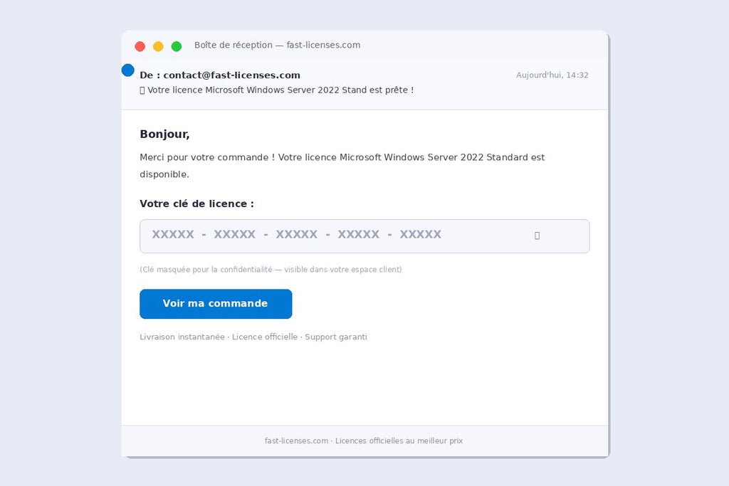 Email de livraison de licence Microsoft Windows Server 2022 Standard — Réception de clé instantanée