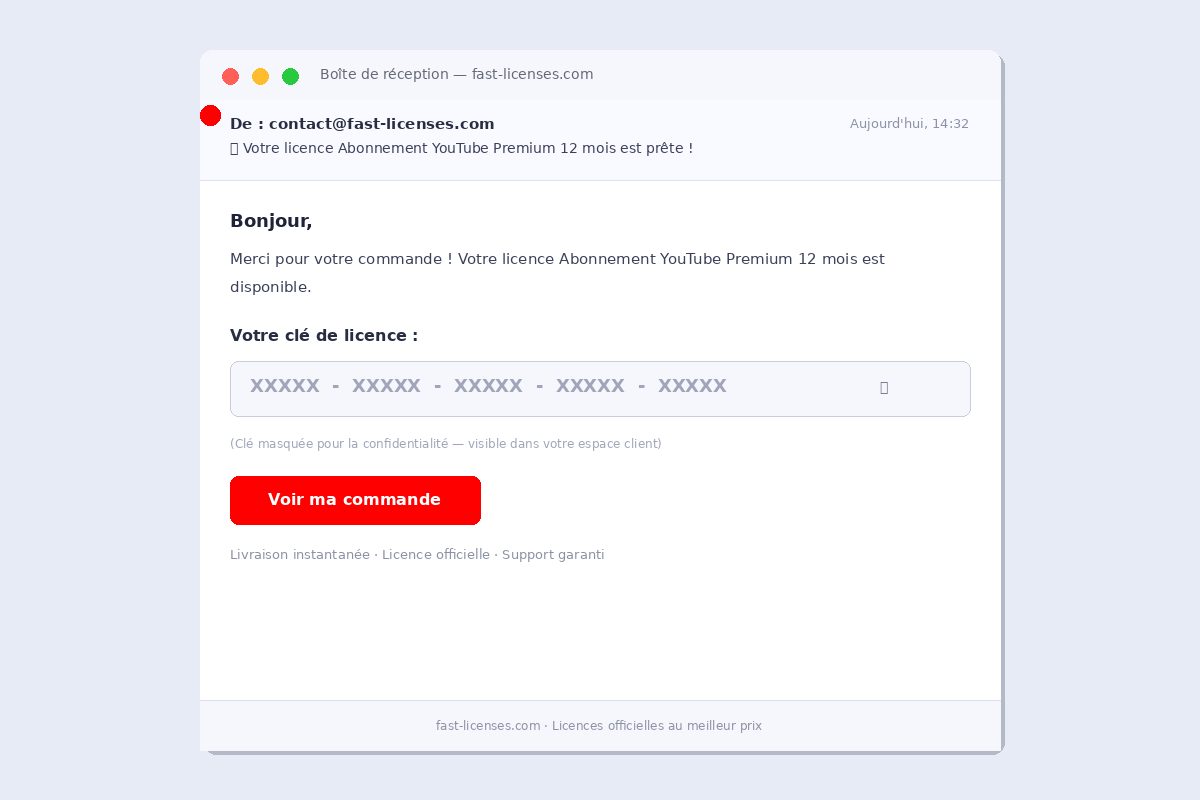 Email de livraison de licence Abonnement YouTube Premium 12 mois — Réception de clé instantanée